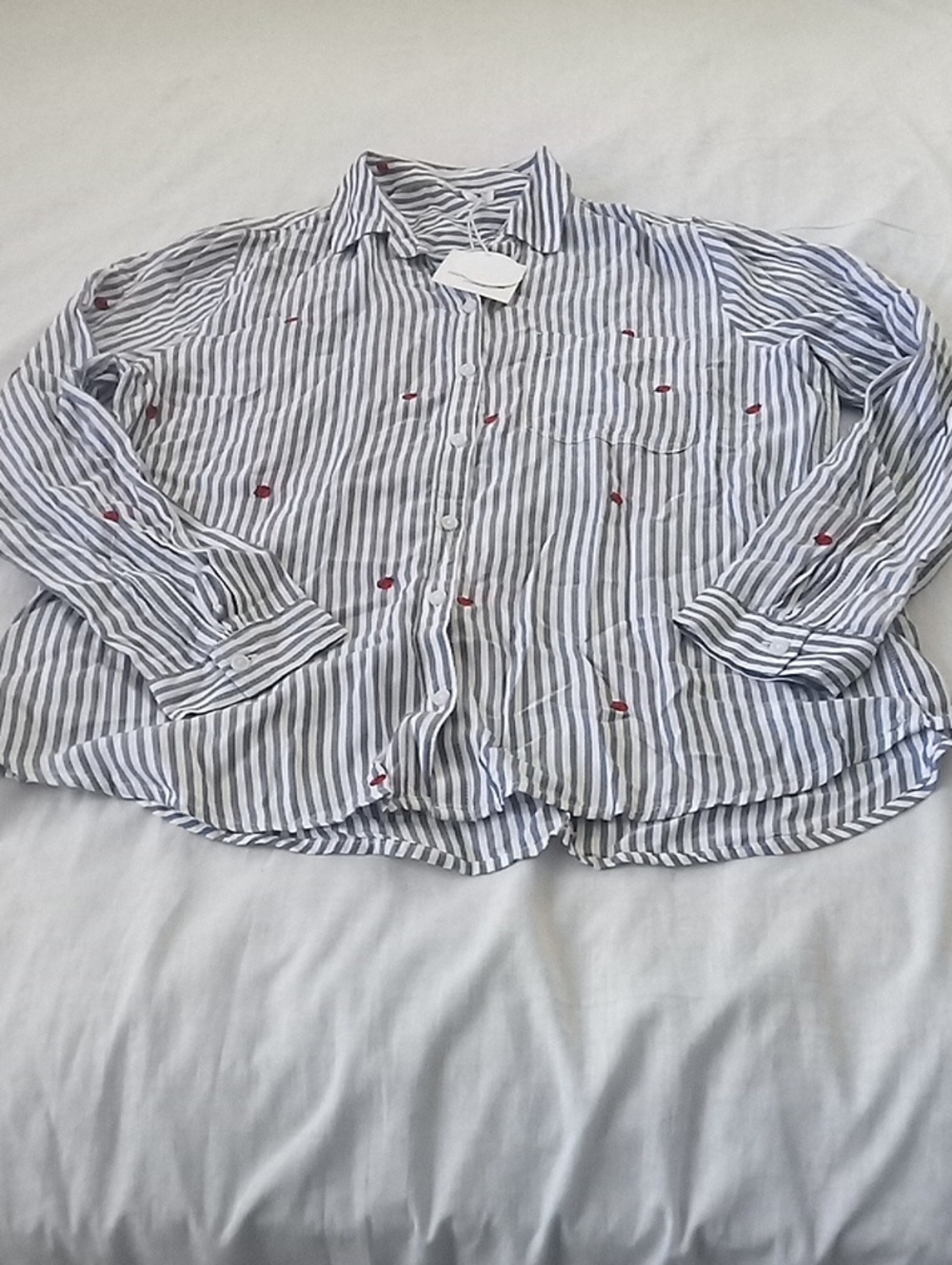 beachlunchlounge Blue and White Striped Button-Down with Red Embroidered Accents